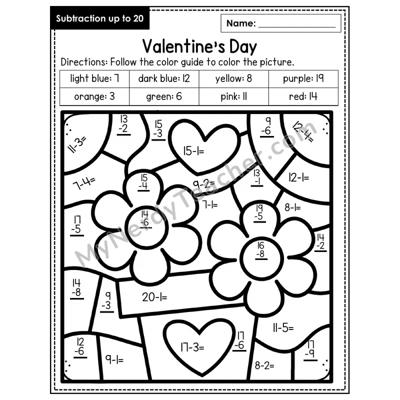 Subtraction to 20 Color by Number — Valentine's Day (Page 6)