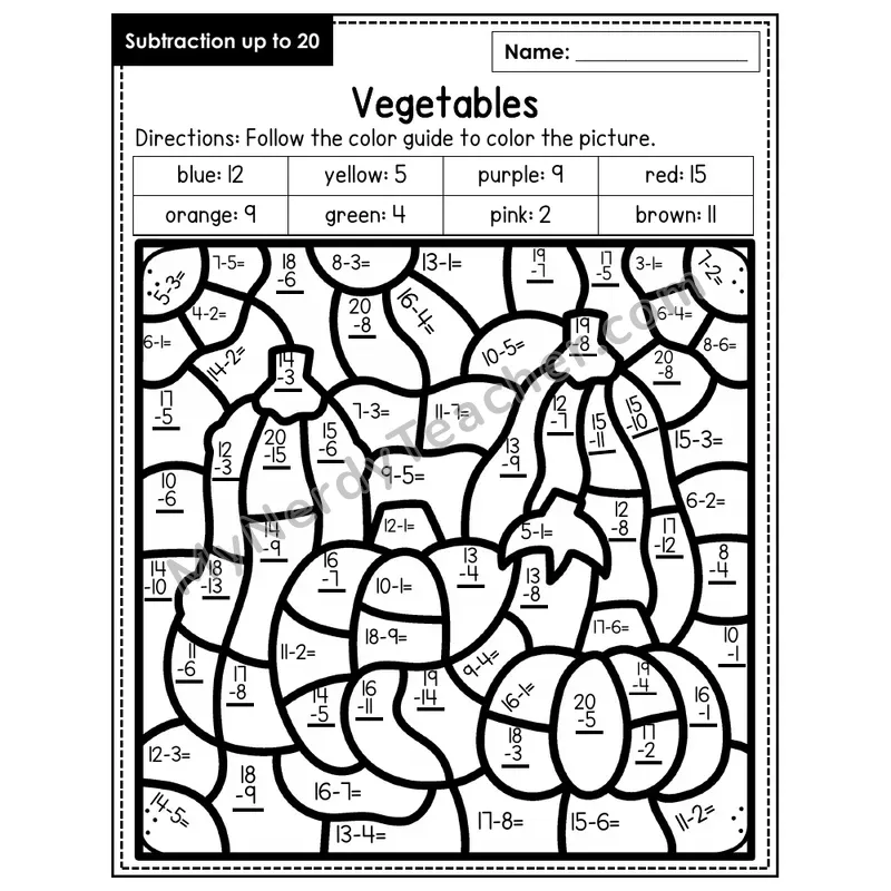 Subtraction to 20 Color by Number — Vegetables (Page 5)