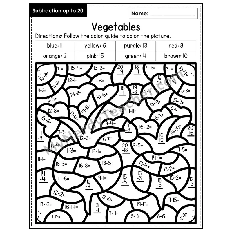 Subtraction to 20 Color by Number — Vegetables (Page 7)
