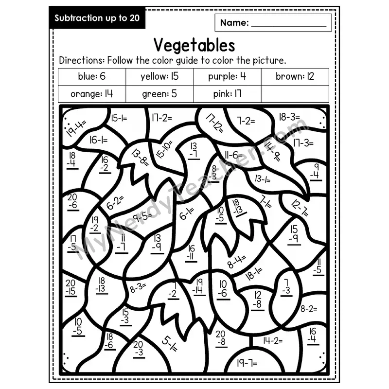 Subtraction to 20 Color by Number — Vegetables (Page 4)