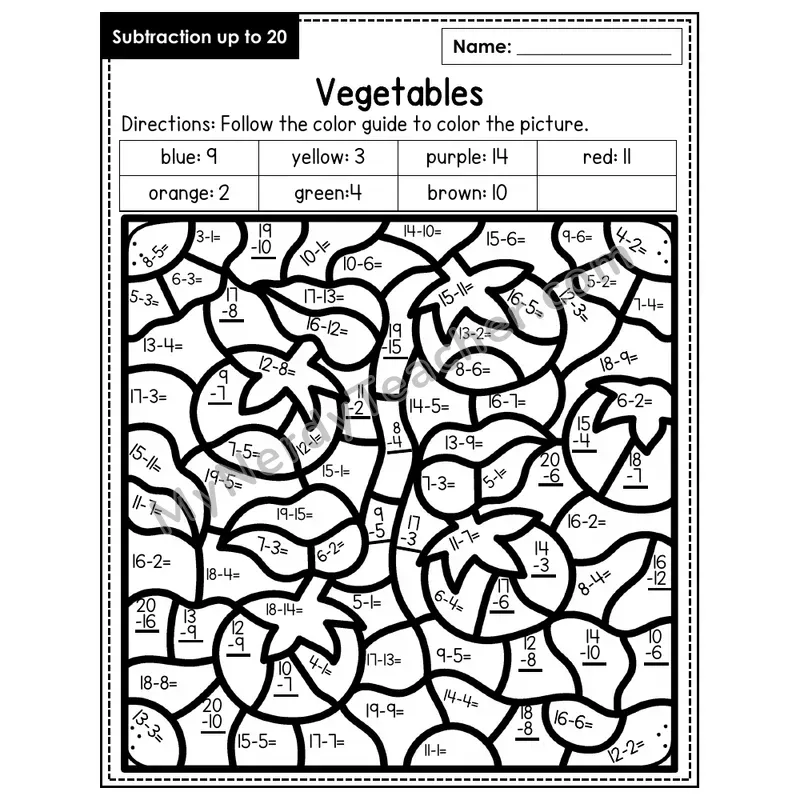Subtraction to 20 Color by Number — Vegetables (Page 6)