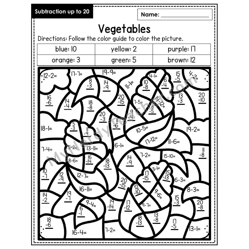 Subtraction to 20 Color by Number — Vegetables (Page 3)
