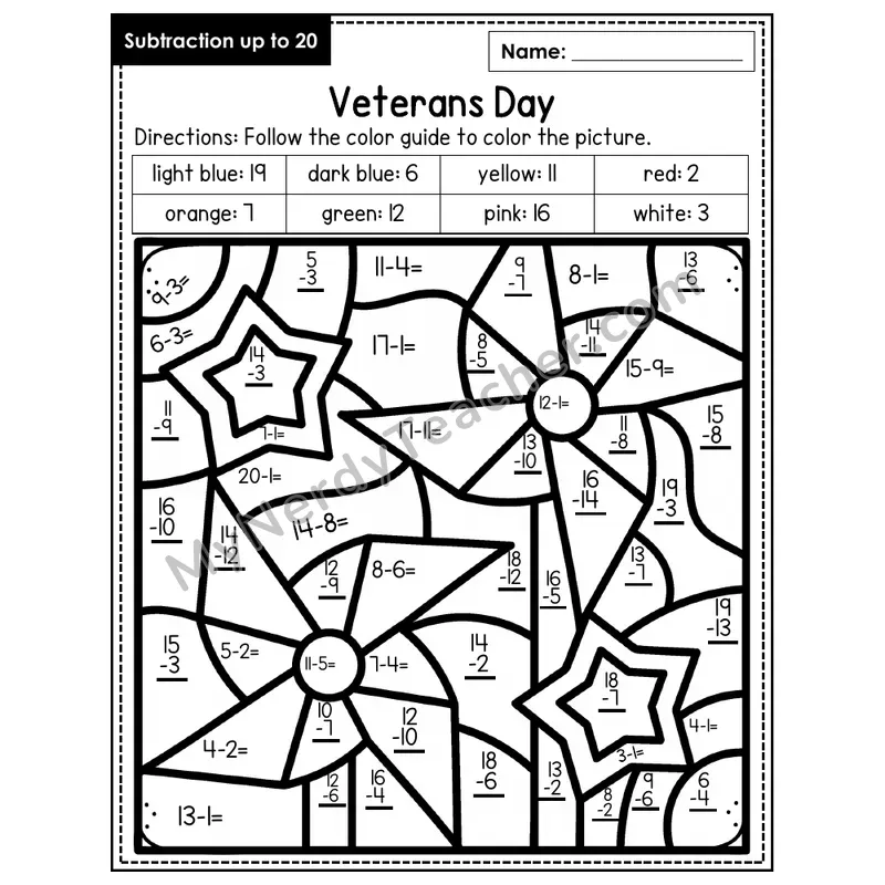 Subtraction to 20 Color by Number — Veteran's Day (Page 2)