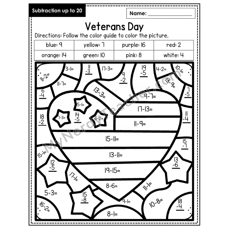 Subtraction to 20 Color by Number — Veteran's Day (Page 4)