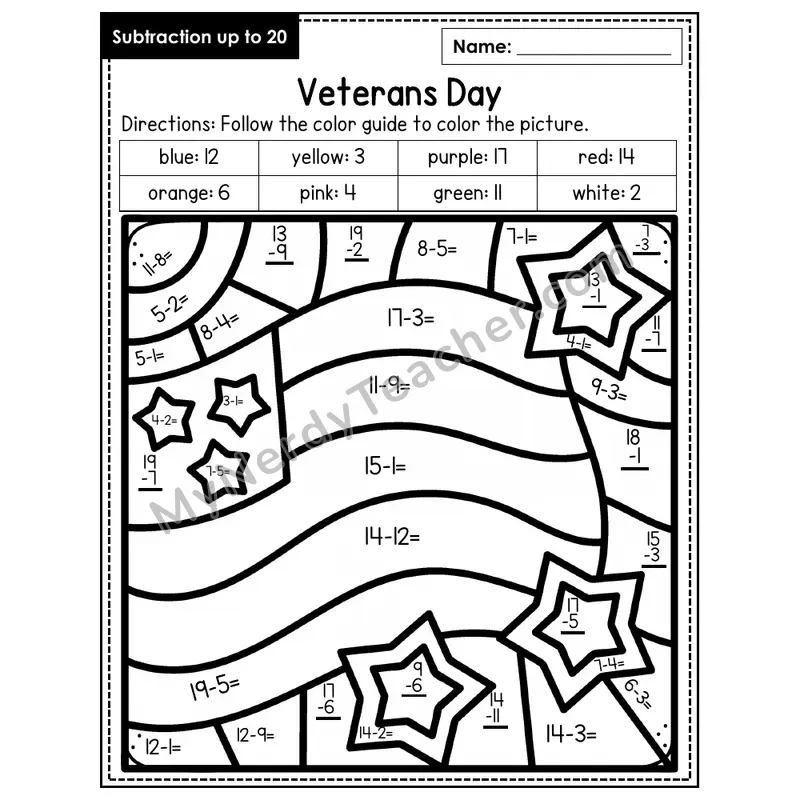 Subtraction to 20 Color by Number — Veteran's Day (Page 1)