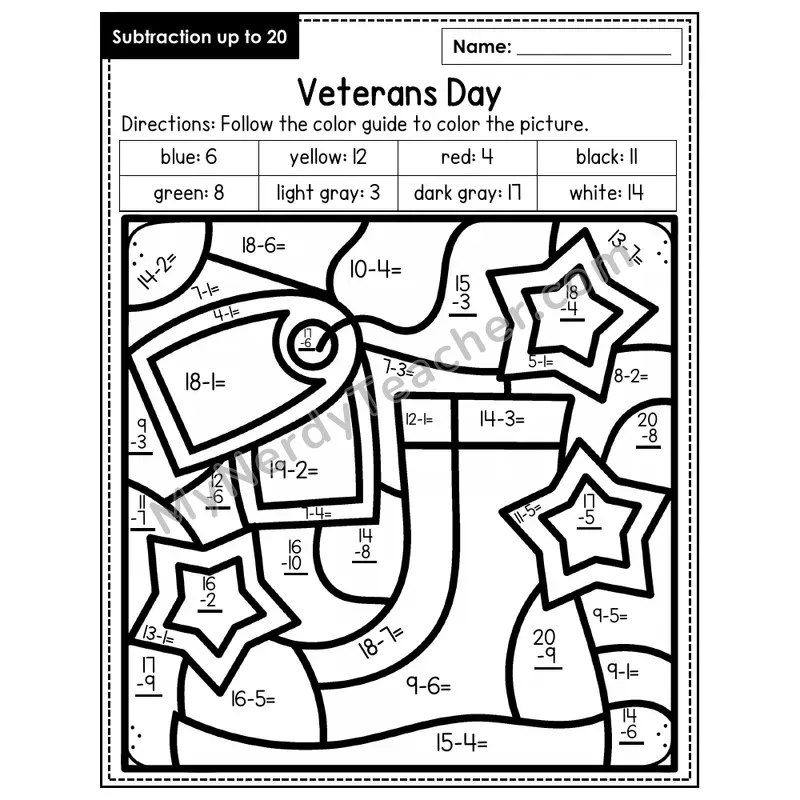 Subtraction to 20 Color by Number — Veteran's Day (Page 3)