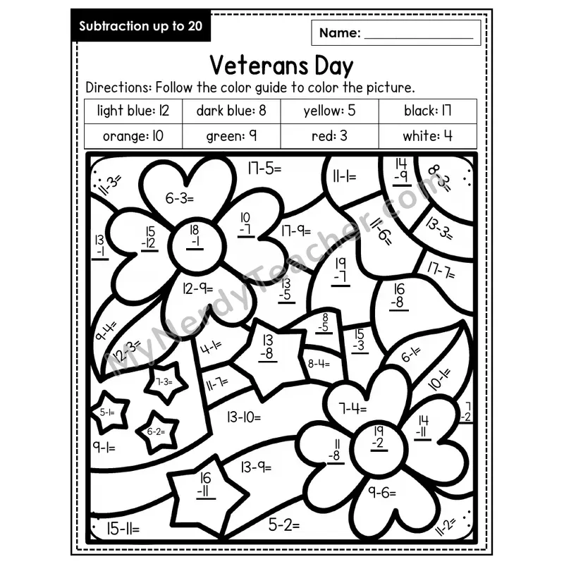 Subtraction to 20 Color by Number — Veteran's Day (Page 6)