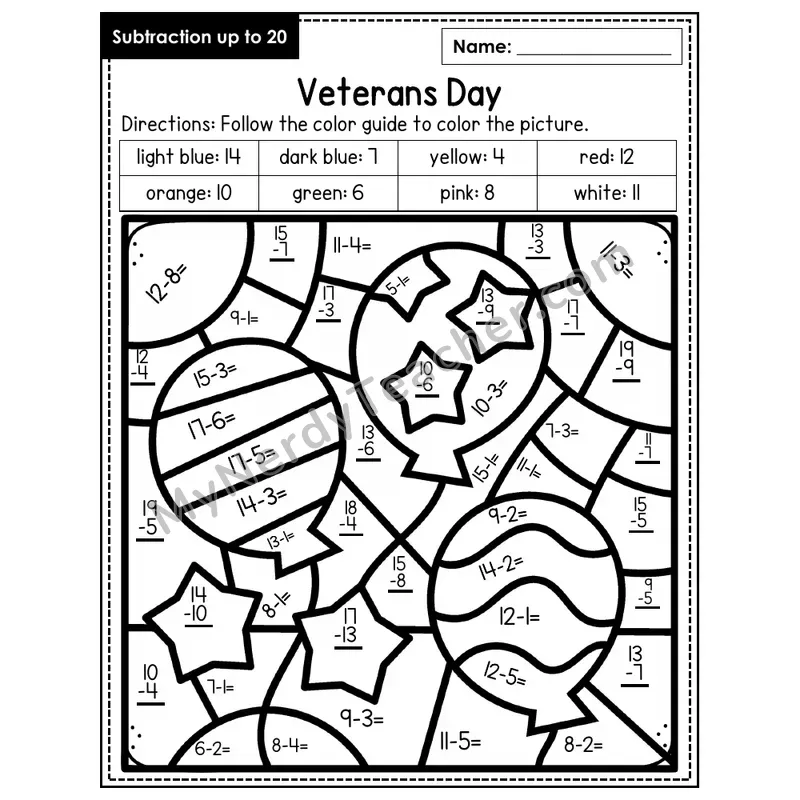 Subtraction to 20 Color by Number — Veteran's Day (Page 7)