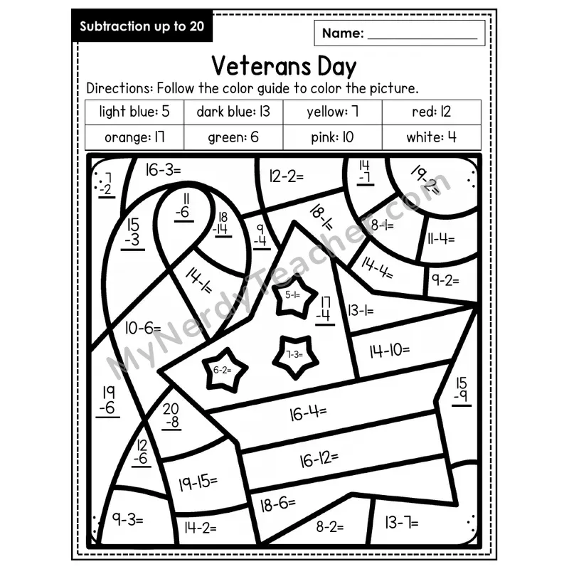Subtraction to 20 Color by Number — Veteran's Day (Page 8)