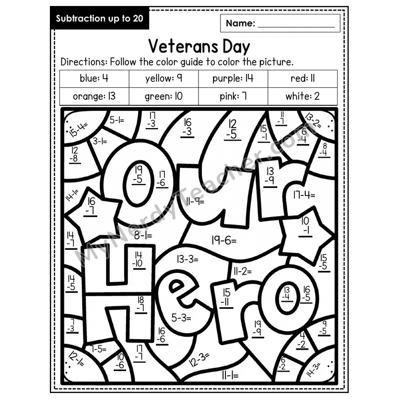 Subtraction to 20 Color by Number — Veteran's Day (Page 5)