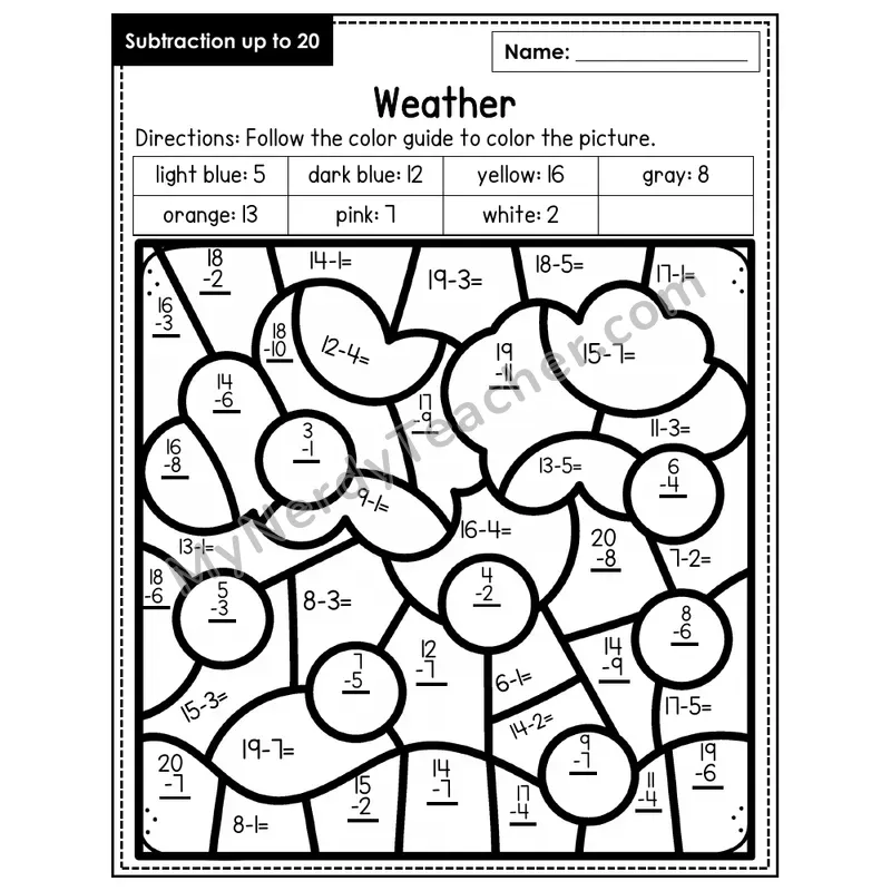 Subtraction to 20 Color by Number — Weather (Page 1)