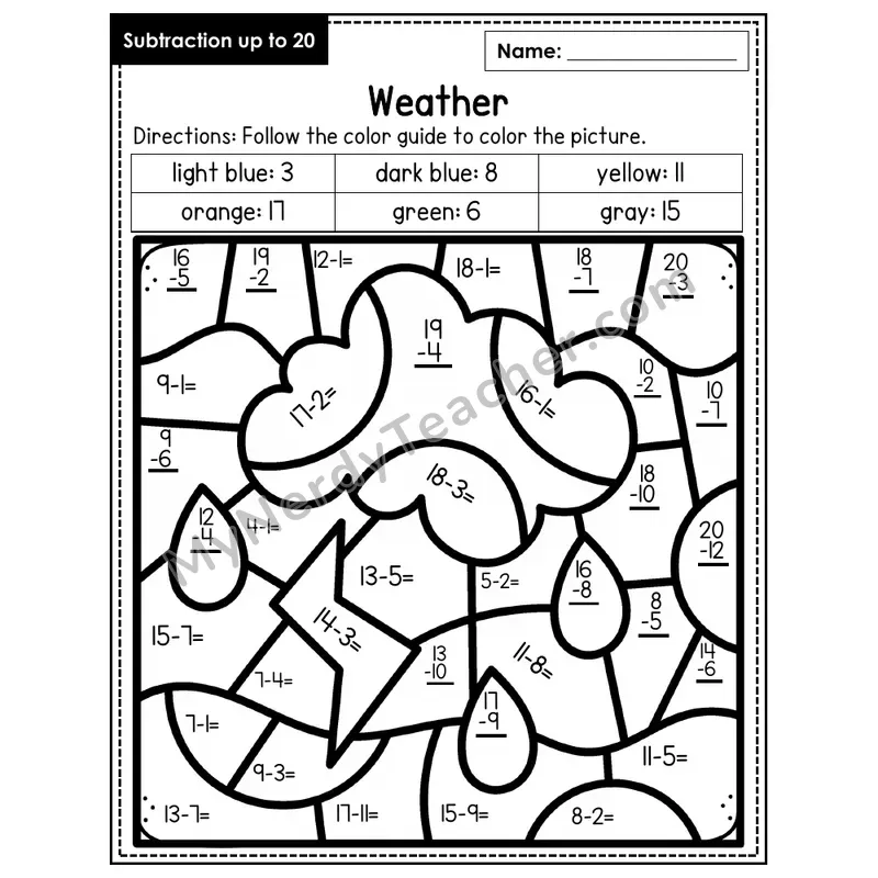 Subtraction to 20 Color by Number — Weather (Page 3)
