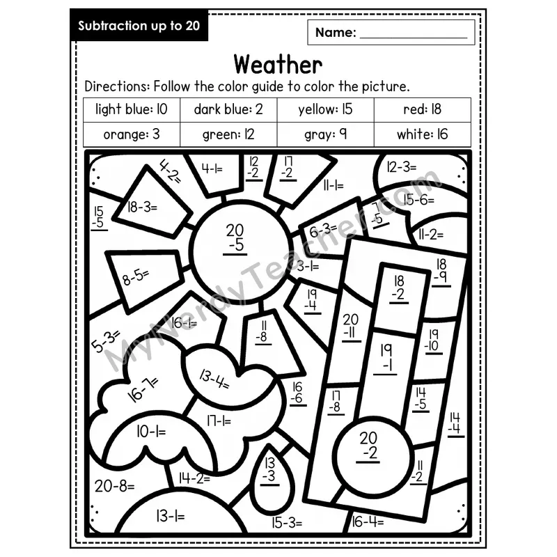 Subtraction to 20 Color by Number — Weather (Page 6)