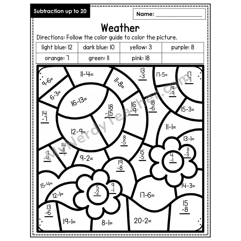 Subtraction to 20 Color by Number — Weather (Page 5)