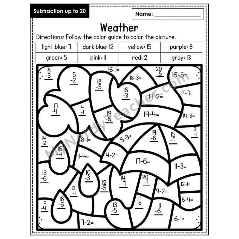 Subtraction to 20 Color by Number — Weather (Page 4)