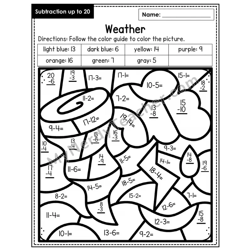 Subtraction to 20 Color by Number — Weather (Page 2)