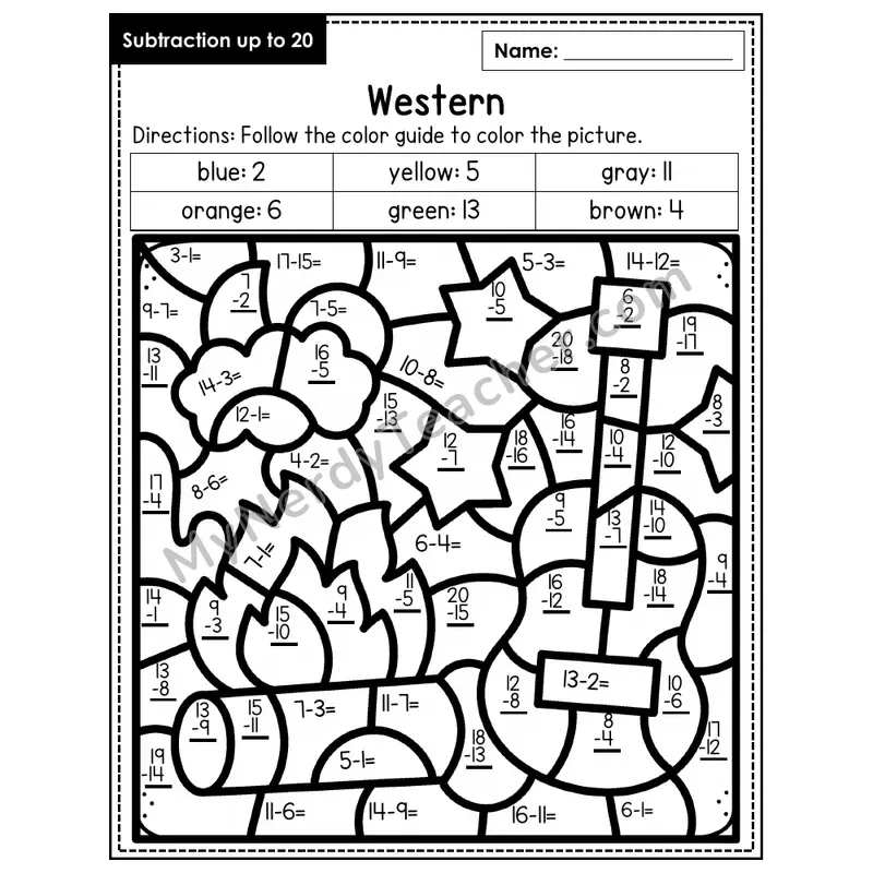 Subtraction to 20 Color by Number — Western (Page 1)