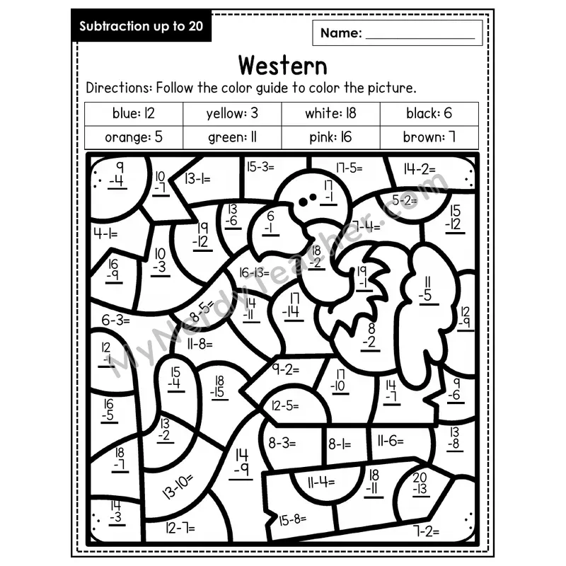 Subtraction to 20 Color by Number — Western (Page 6)