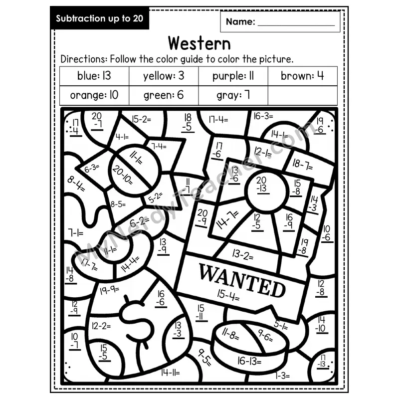 Subtraction to 20 Color by Number — Western (Page 7)