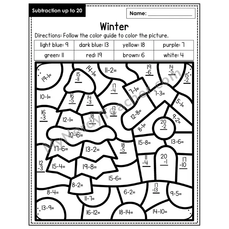 Subtraction to 20 Color by Number — Winter (Page 2)