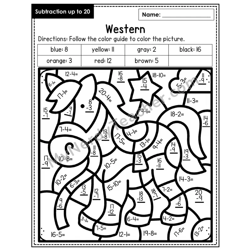 Subtraction to 20 Color by Number — Western (Page 8)
