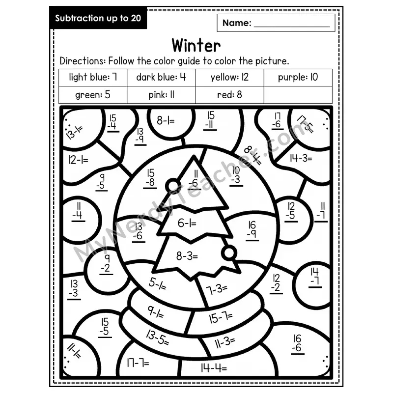 Subtraction to 20 Color by Number — Winter (Page 6)