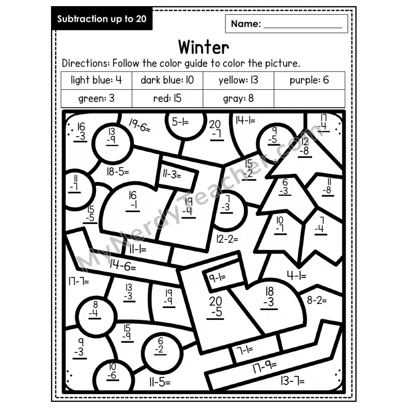 Subtraction to 20 Color by Number — Winter (Page 3)