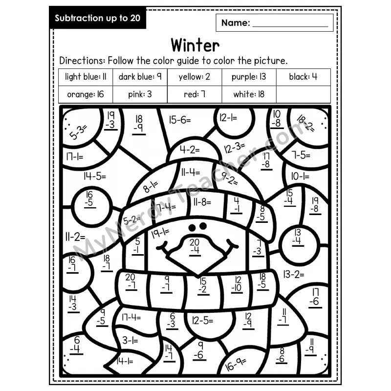 Subtraction to 20 Color by Number — Winter (Page 4)
