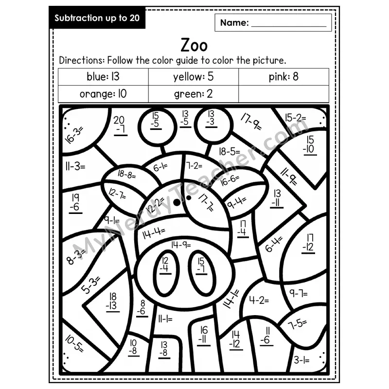 Subtraction to 20 Color by Number — Zoo (Page 3)