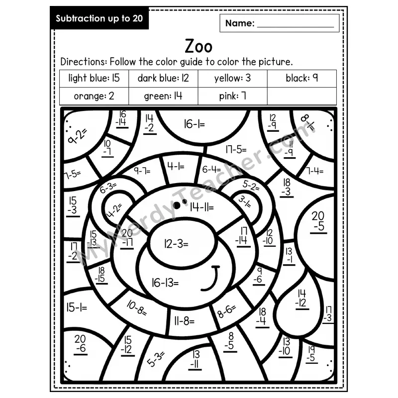 Subtraction to 20 Color by Number — Zoo (Page 4)