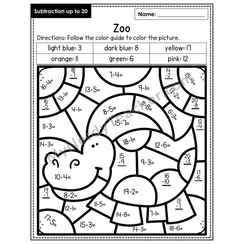 Subtraction to 20 Color by Number — Zoo (Page 1)