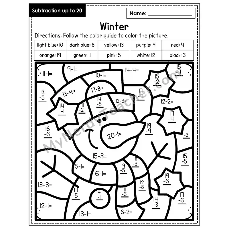 Subtraction to 20 Color by Number — Winter (Page 8)
