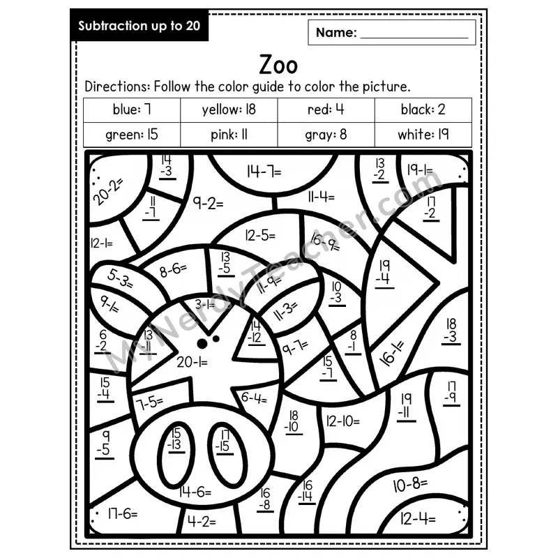 Subtraction to 20 Color by Number — Zoo (Page 2)