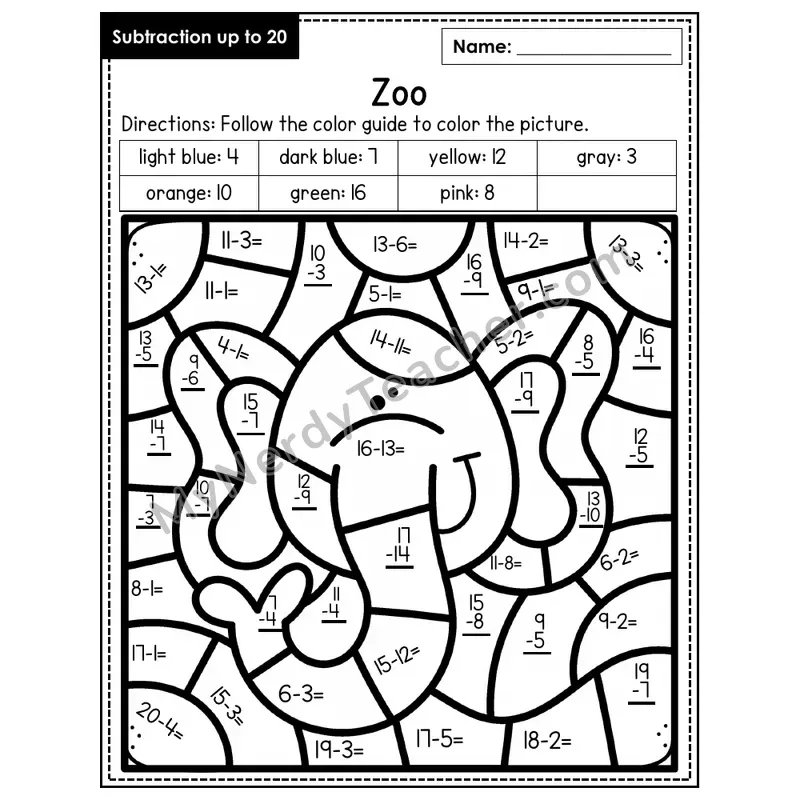 Subtraction to 20 Color by Number — Zoo (Page 5)