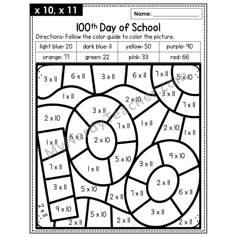 Multiplication Color by Number — x10, x11 — 100th Day of School (Page 7)