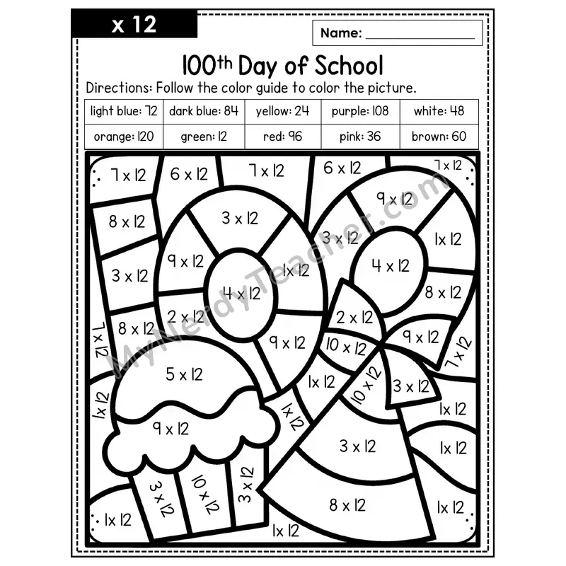 Multiplication Color by Number — x12 — 100th Day of School (Page 8)