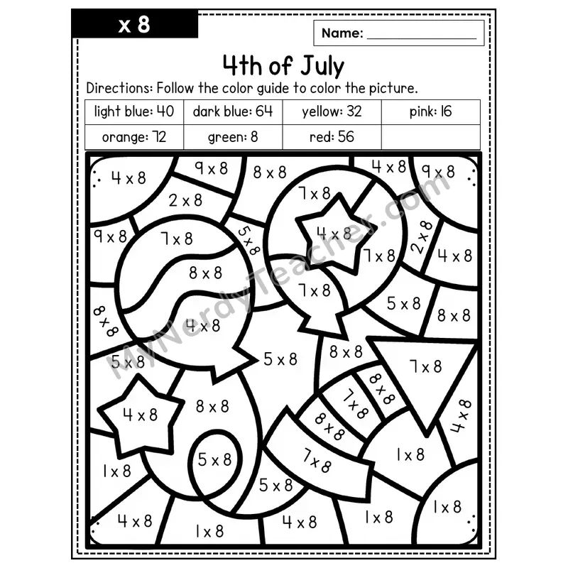 Multiplication Color by Number — x8 — 4th of July (Page 5)