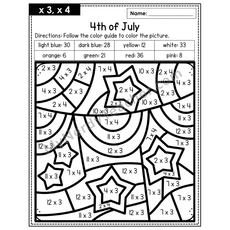 Multiplication Color by Number — x3, x4 — 4th of July (Page 2)