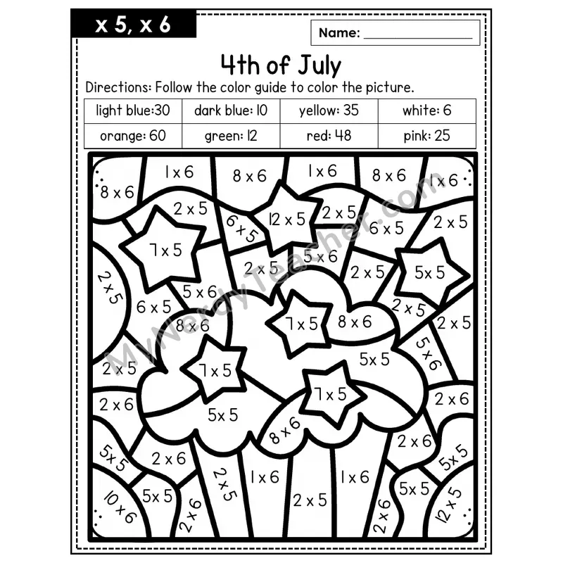 Multiplication Color by Number — x5, x6 — 4th of July (Page 3)