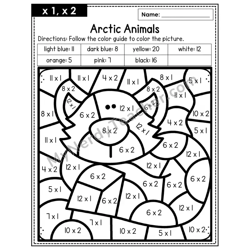Multiplication Color by Number — x1, x2 — Arctic Animals (Page 1)