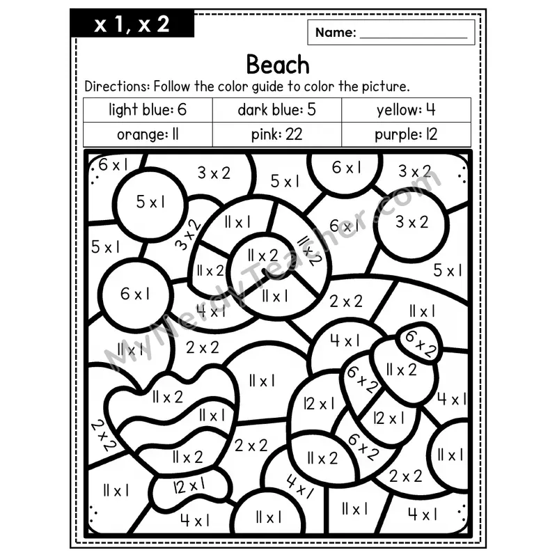 Multiplication Color by Number — x1, x2 — Beach (Page 1)