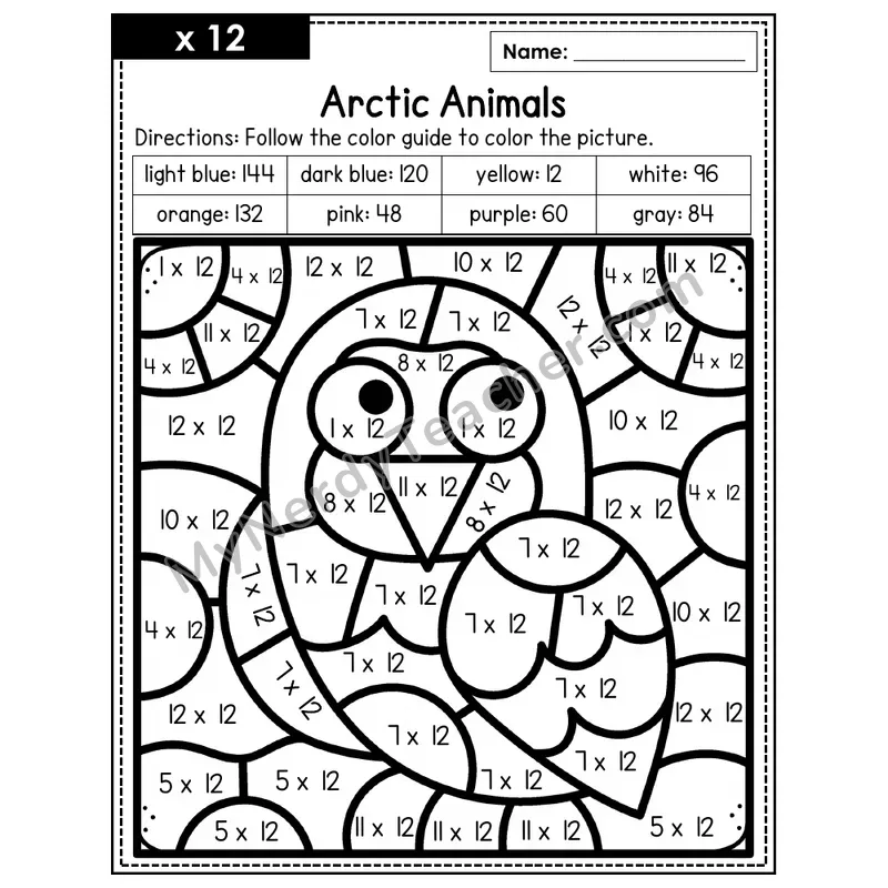 Multiplication Color by Number — x12 — Arctic Animals (Page 8)