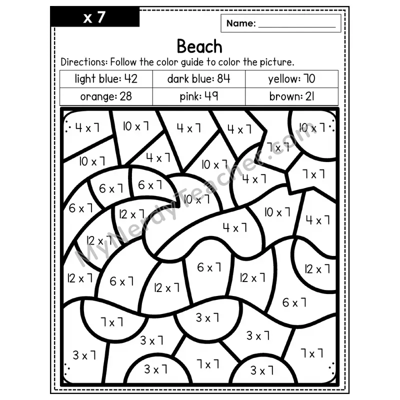 Multiplication Color by Number — x7 — Beach (Page 4)