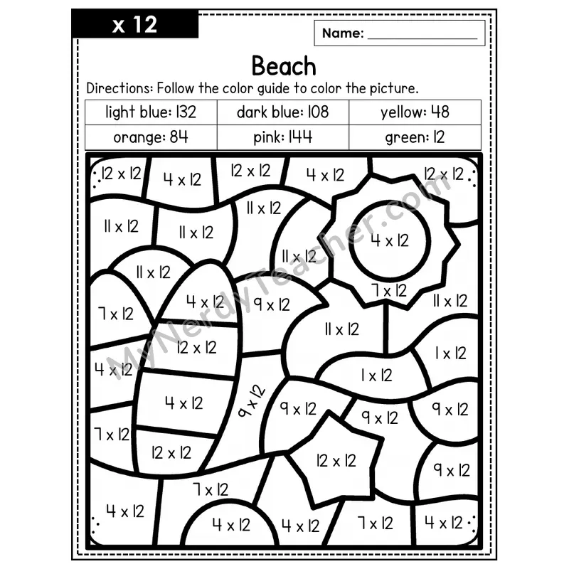 Multiplication Color by Number — x12 — Beach (Page 8)