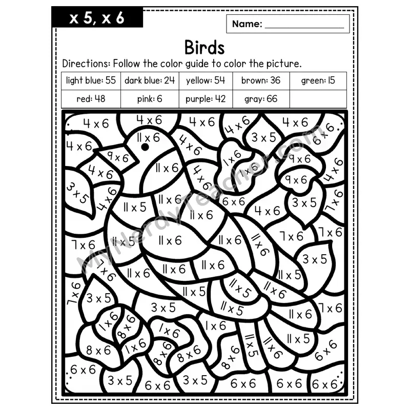 Multiplication Color by Number — x5, x6 — Birds (Page 3)