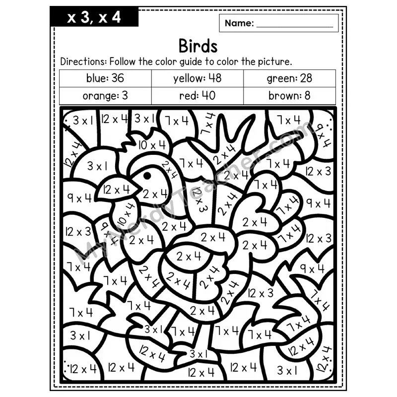 Multiplication Color by Number — x3, x4 — Birds (Page 2)