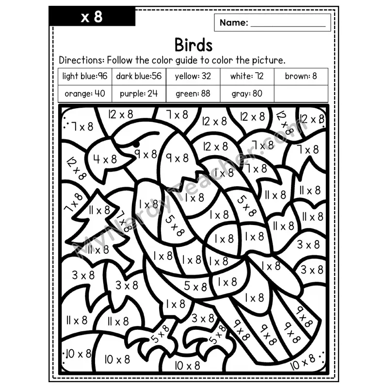 Multiplication Color by Number — x8 — Birds (Page 5)