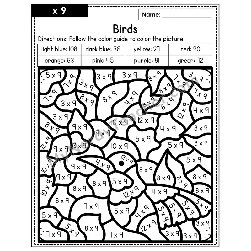 Multiplication Color by Number — x9 — Birds (Page 6)