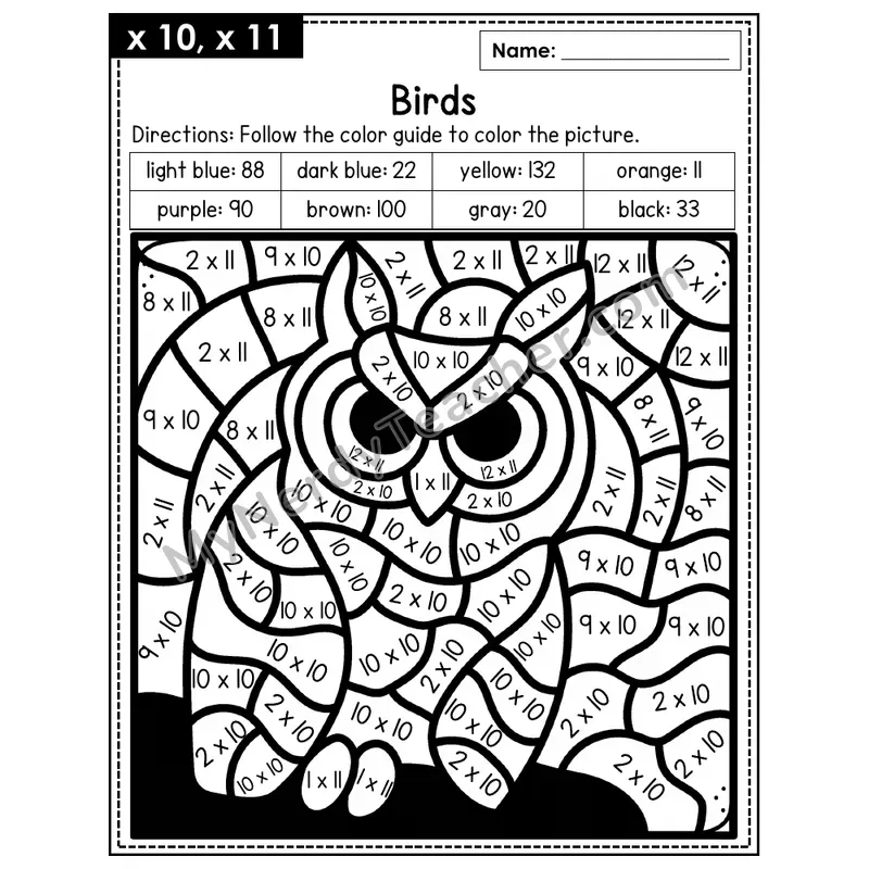 Multiplication Color by Number — x10, x11 — Birds (Page 7)