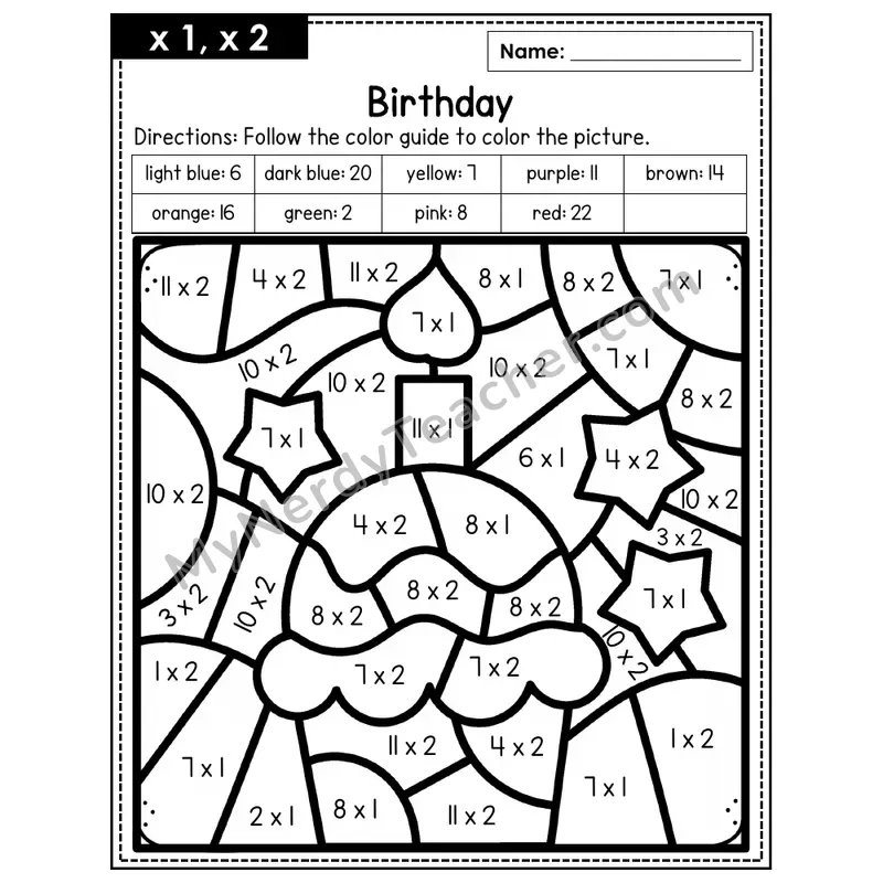 Multiplication Color by Number — x1, x2 — Birthday (Page 1)